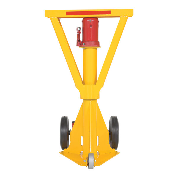 A yellow and red Vestil hydraulic trailer stabilizing ratchet jack with wheels.