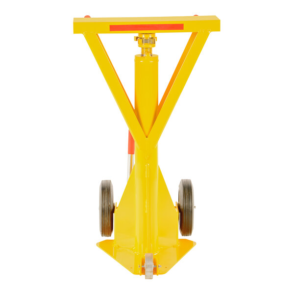 A yellow Vestil portable trailer stabilizing ratchet jack.