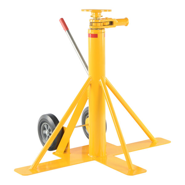 A yellow steel trailer stabilizing jack with a handle and wheel.