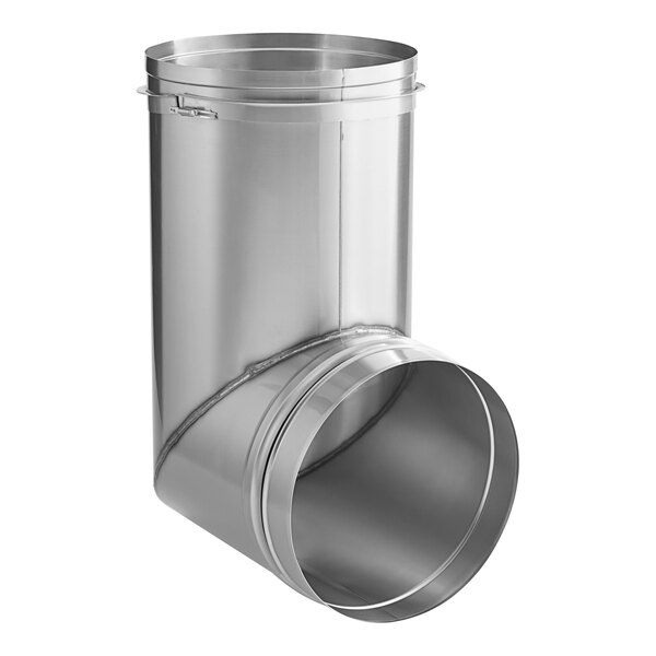 A close-up of a NAKS stainless steel single-wall 87 degree elbow with access panel for a round pipe.