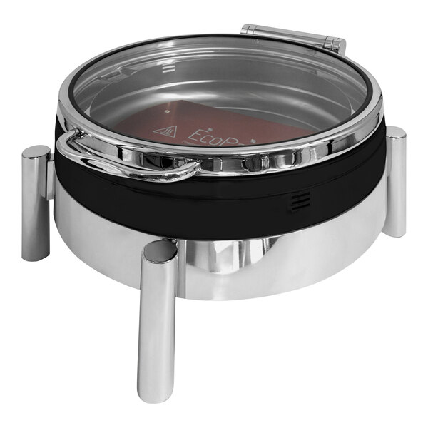 An EcoBurner Xylo black and stainless steel waterless chafer on a counter with a hinged glass lid.