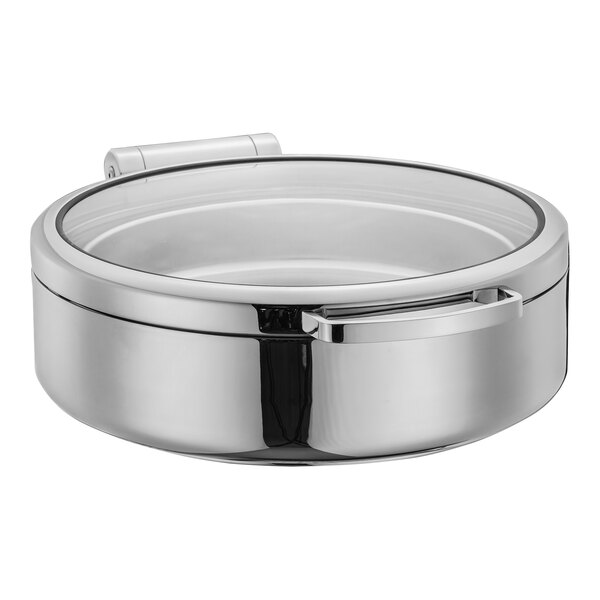 An Eastern Tabletop stainless steel round chafer with a hinged glass lid.