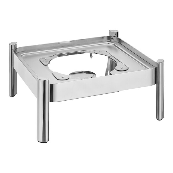 A silver square stainless steel chafer stand with legs.