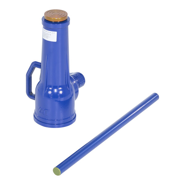 A blue metal Vestil screw jack with a handle on a long pipe.
