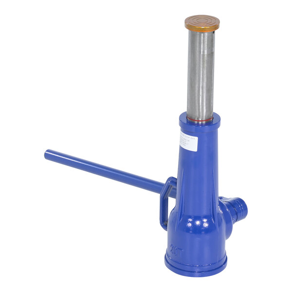 A blue mechanical screw jack with a long handle.