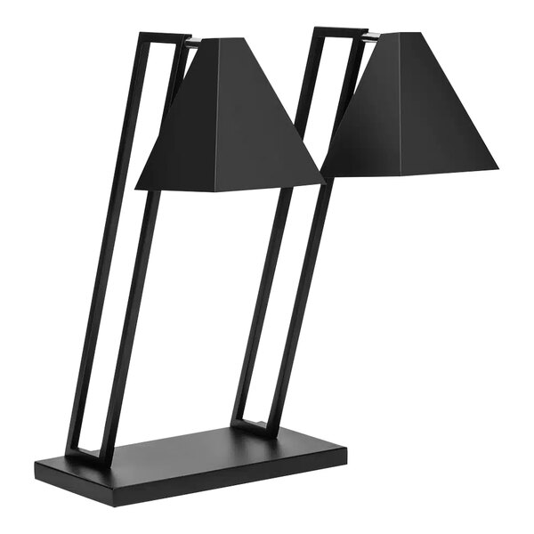 A black matte metal pyramid with two black heat lamps on it.