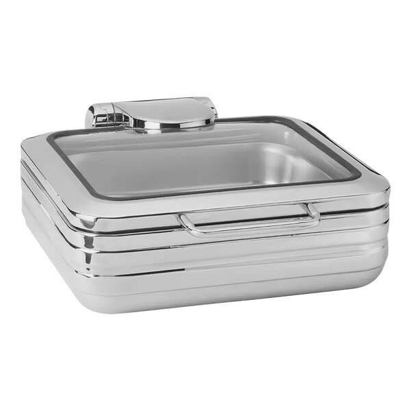 A Rosseto stainless steel square chafer with a glass lid.