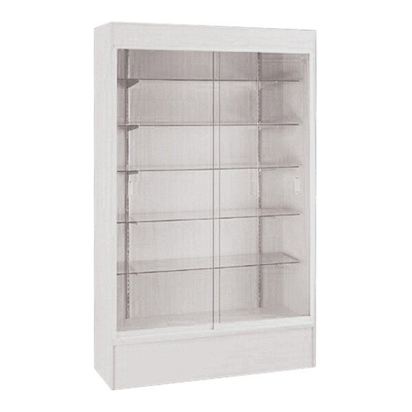 A white rectangular glass cabinet with shelves and sliding glass doors.