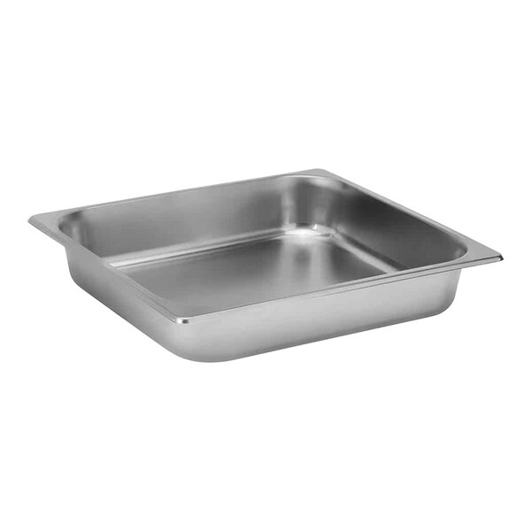 A Rosseto stainless steel steam pan on a silver tray.