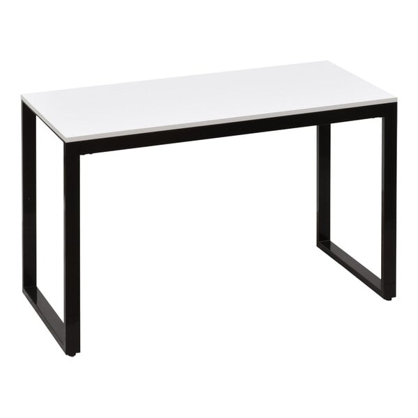 A rectangular retail display table with a white melamine top and black u-channel legs.