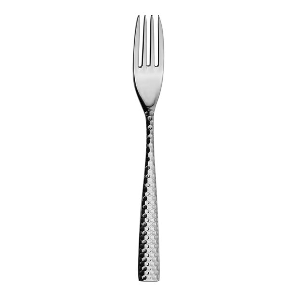 A silver fork with a silver handle.