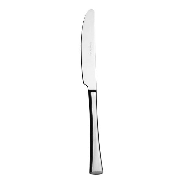 A WNK Eclipse stainless steel dinner knife with a black handle.