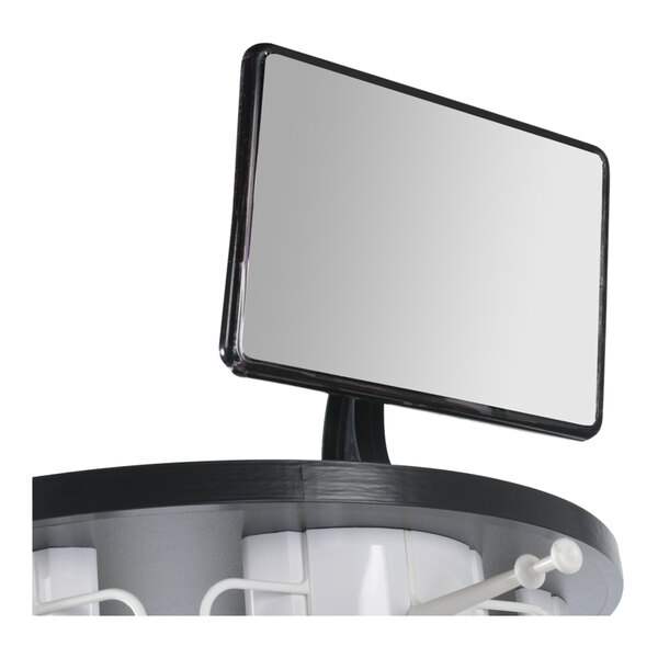 A close-up of the mirror on a mobile eyewear spinner display.
