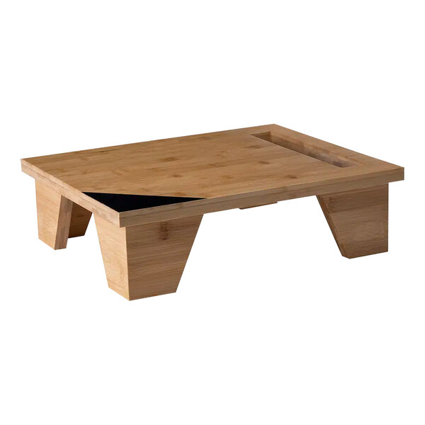 A Rosseto bamboo pot stand with a chalkboard corner on a wooden table with a black tray.