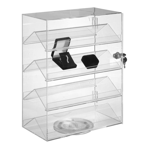 A clear acrylic countertop display showcase with shelves and a rotating base.