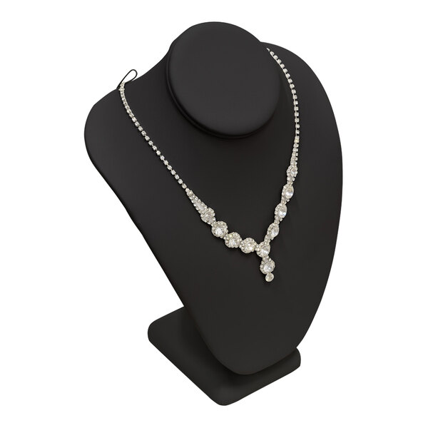 A black leatherette necklace display stand with a necklace on it.