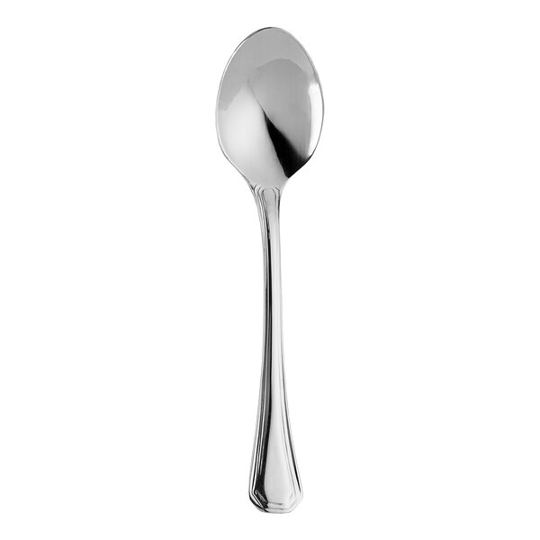 A close-up of a WNK Deluxe stainless steel demitasse spoon with a white background.