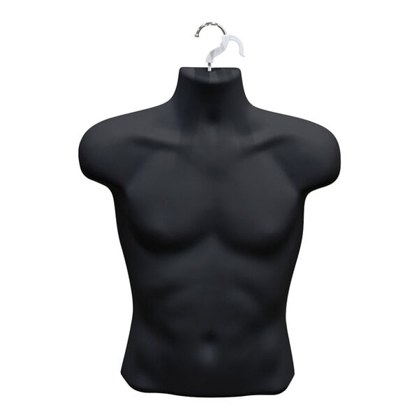 A Black Plastic Male Upper Torso Mannequin with Hanging Hook on a white background.