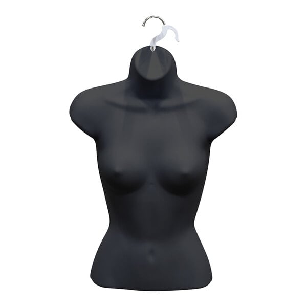 A black plastic female upper torso half form mannequin with a hanging hook.