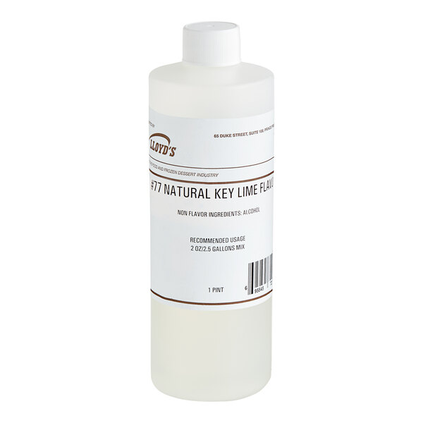 A white bottle of Lloyd's of Pennsylvania Key Lime hard serve ice cream flavoring with a label.