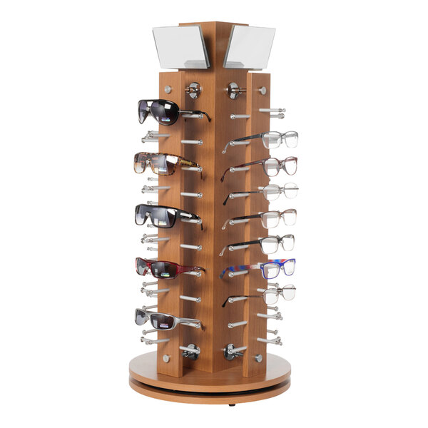 A 17" x 35" cherry wood countertop eyewear spinner display filled with sunglasses.