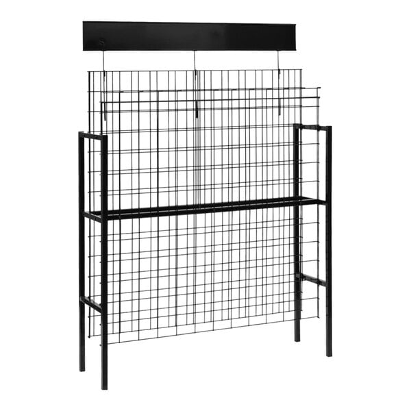 A black steel wire wine display rack with two shelves.