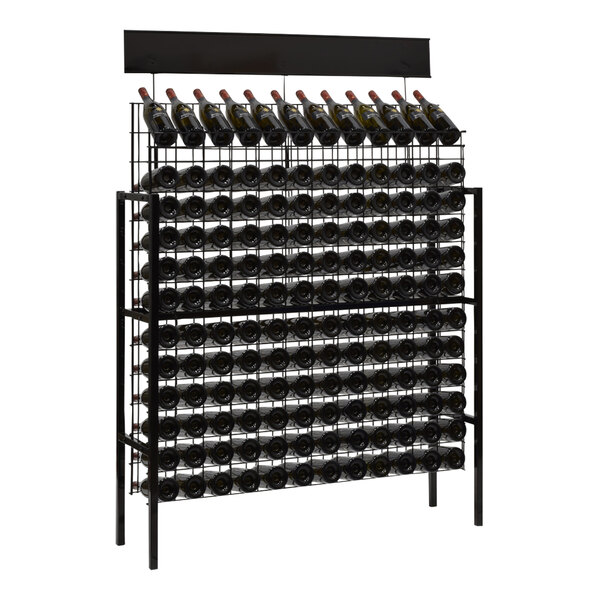 A black steel wire wine rack with wine bottles displayed on it.