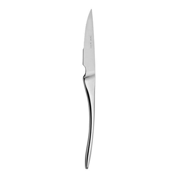 A close-up of a WNK Harlan stainless steel steak knife with a silver handle.
