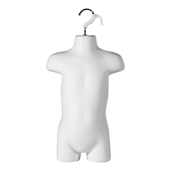 A white plastic toddler half body mannequin with a hanging hook.