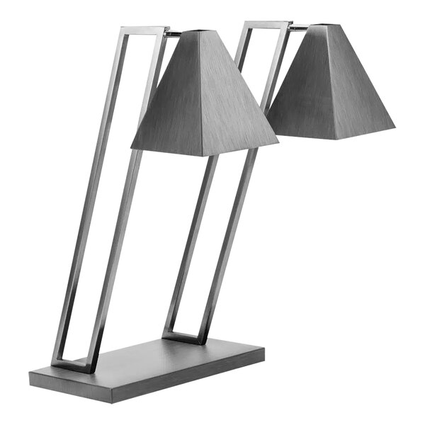 A Rosseto stainless steel pyramid double bulb heat lamp with two shades over a metal stand.