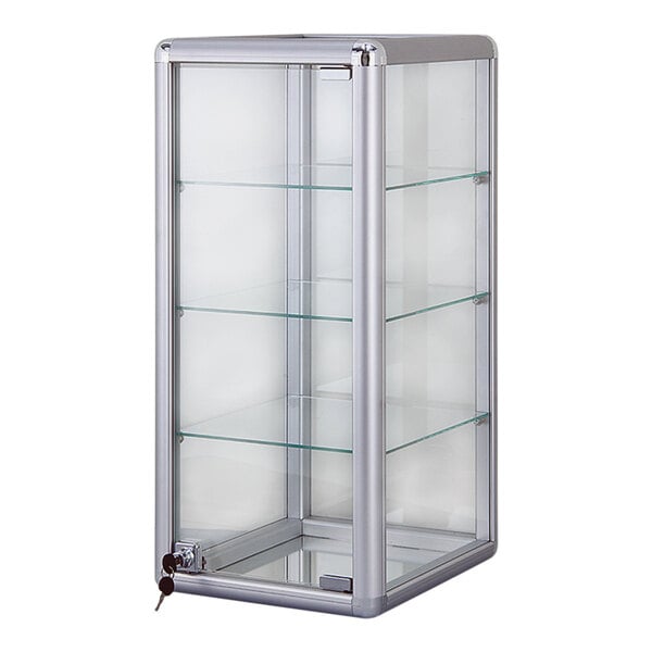 A 12" x 14" x 27" glass countertop showcase with a silver frame and clear glass door.