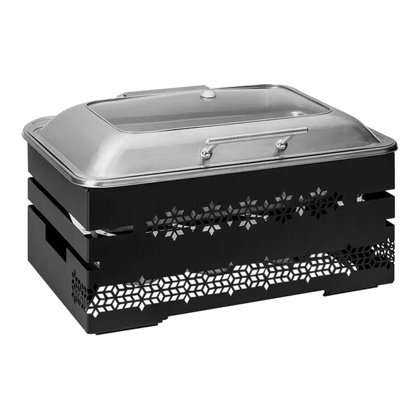 A black and silver rectangular Rosseto Mosaic Multi-Chef chafing dish with a stainless steel lid.