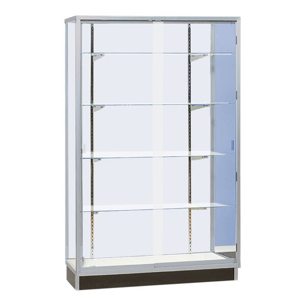 A 48" x 20" x 72" glass display showcase with white wood frame and sliding glass doors.
