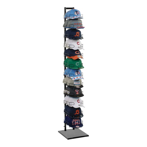 A black steel 12-tier hat display rack with hats on it.