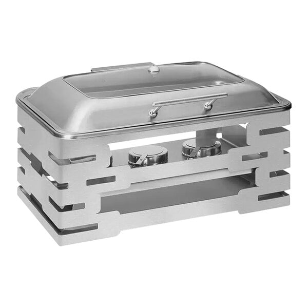 A silver rectangular Rosseto stainless steel chafer with a soft closing lid.