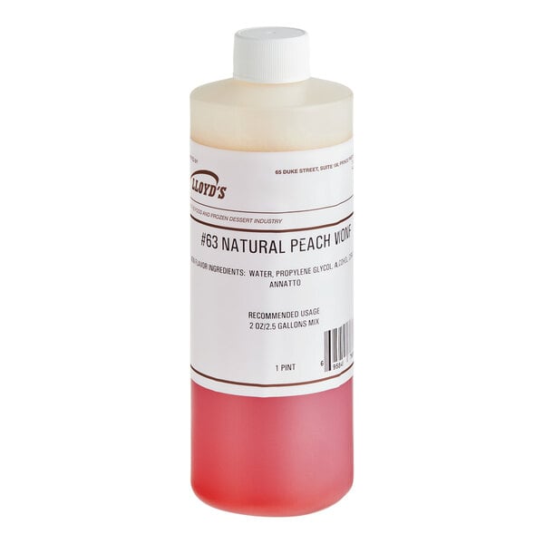 A white bottle of Lloyd's of Pennsylvania Peach Hard Serve Ice Cream Flavoring with red liquid inside.
