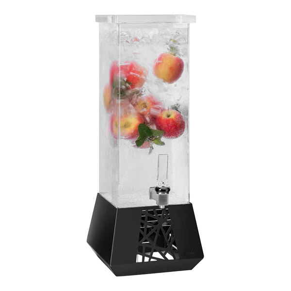 A Rosseto plastic beverage dispenser with apples in ice on a black metal base.