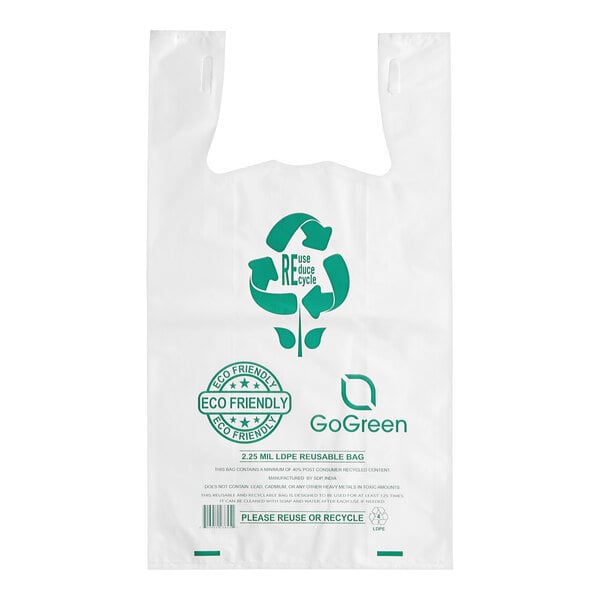 A white plastic bag with a green recycle logo.