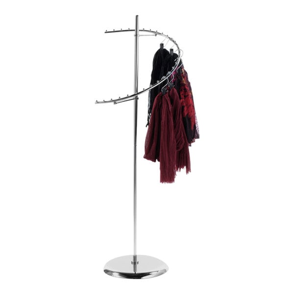 A Chrome-plated steel spiral scarf display rack with scarves hanging on it.