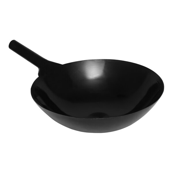 A black wok with a handle.