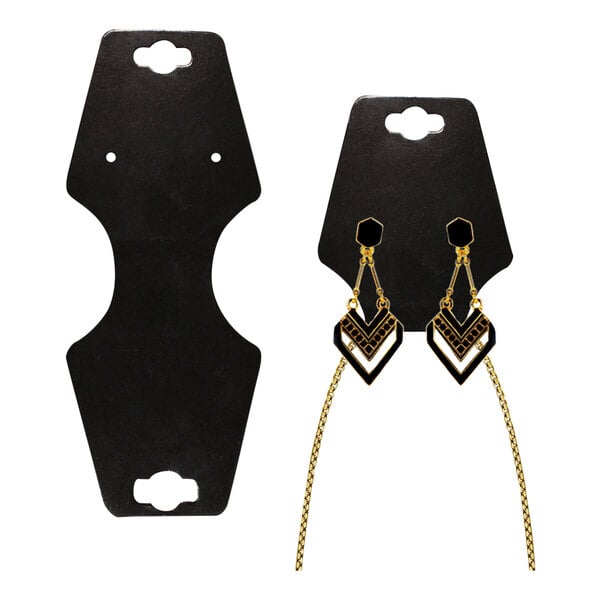 A black rectangular self-adhesive jewelry display card with gold earrings on it.