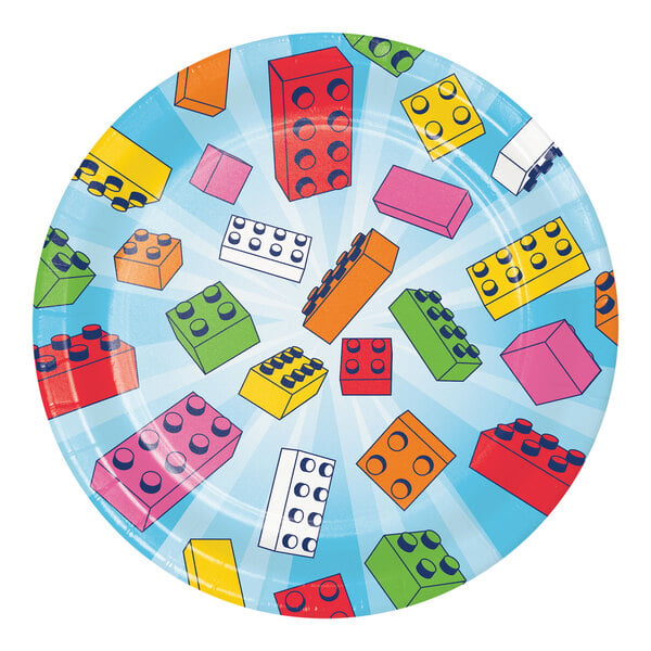 A Creative Converting paper plate with colorful lego block designs.