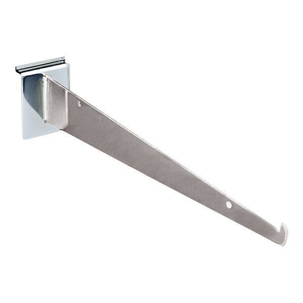 A 14" chrome steel shelf bracket for a slatwall shelf with metal brackets and screws.