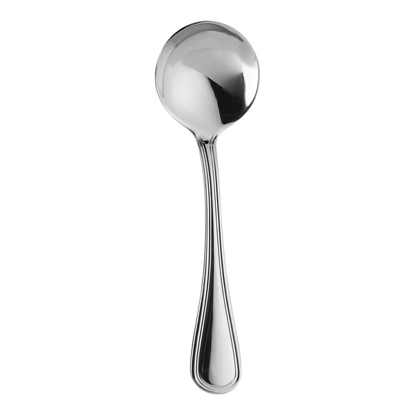 A close-up of a WNK Contour stainless steel round bowl soup spoon with a handle.
