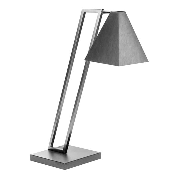 A Rosseto stainless steel pyramid single bulb heat lamp with long metal legs.