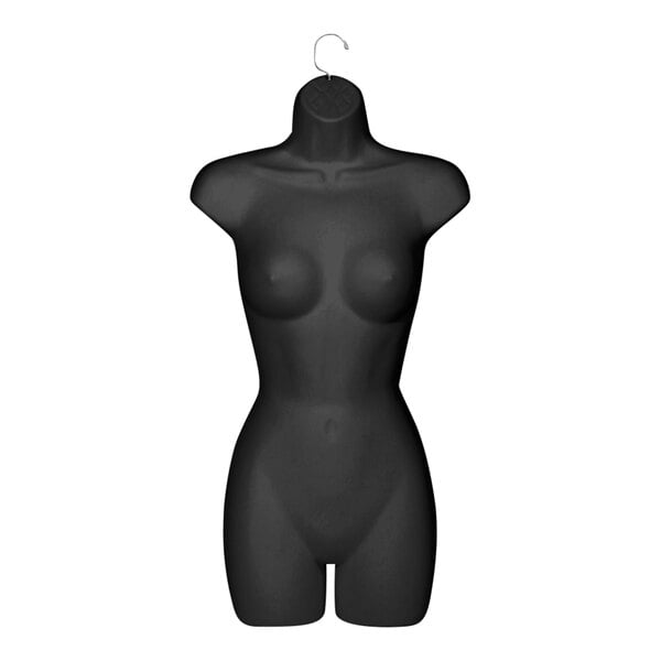 A black plastic female 3/4 body half form mannequin with a hanging hook.