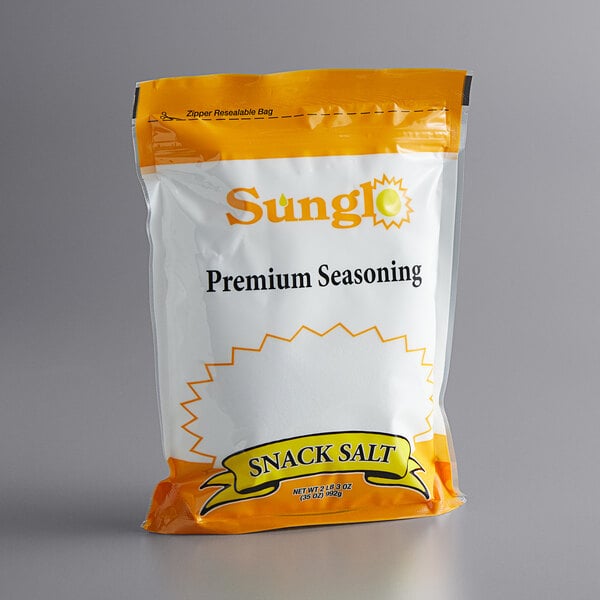 A bag of Sunglo white popcorn salt with a white label.