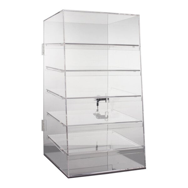 A clear acrylic 5-tray locking countertop display case.