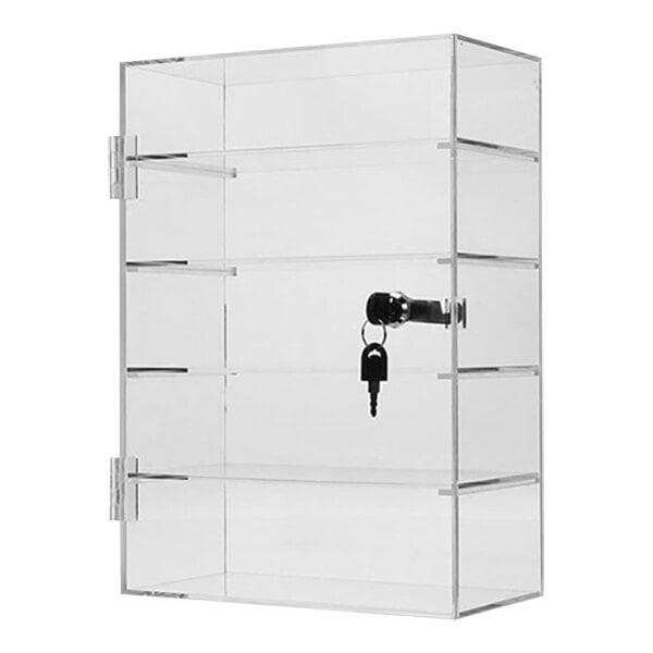A clear acrylic countertop display case with a key.