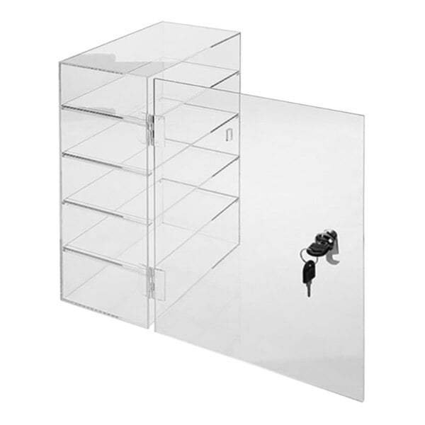A clear acrylic countertop display case with shelves and a key in the door.